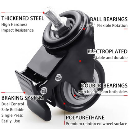 2 Inch Swivel Caster Wheels Set of 8 Metric M8 15mm Threaded Stem - size: 2Inch x M8 x 15mm