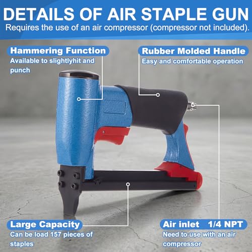 Pneumatic Upholstery Stapler, 21 Gauge Compatible with 80 Series Air Staple Gun (1/2" Crown), 1/4"-5/8" Length, 190-staple Magazine, 60-100 Psi, 1/4" Npt - style: Short,21 Gauge