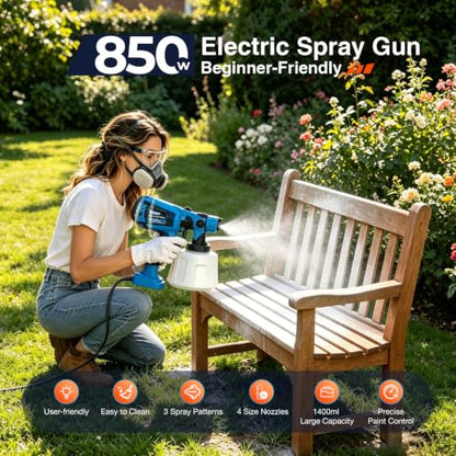 Paint Sprayer, 1400ml&850W Spray Paint Gun with 4 Nozzles & 3 Patterns - color: Blue