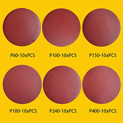 60 PCS 5 Inch NO-Hole PSA Aluminum Oxide Sanding Disc, Self Stick(10 Each of 60 100 150 180 240 400 Grit) Brown - style: 5 Inch