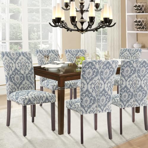 Parsons Dining Chairs Set of 2, Upholstered Nailhead Dining Room Kitchen Side Chair with Thick Cushions and Wood Legs, White/Blue - color: White/Blue, size: set of 2