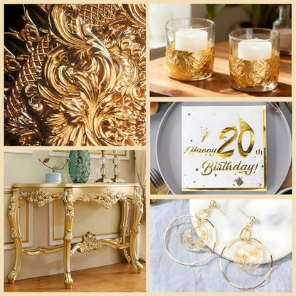 400Pcs Gold Leaf Sheets, 5.1"x5.1" Imitation Transfer Gold Leaf Sheets for Art, No Edible Glitter Gold Flakes Foil Paper Sheets for Nail Painting Jewelry Furniture Renovation & Gilding DIY Crafts