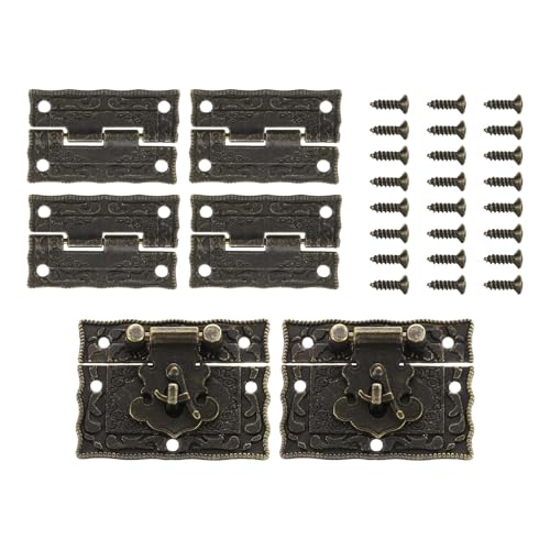 uxcell 2pcs Mini Retro Bronze Alloy Latch Locks and 4pcs Engraved Hinges, 40 x 30mm Latch Buckle and Pattern Hinge with 24pcs Screws for Decorative Cabinet Small Wooden Box - size: 40 x 30mm