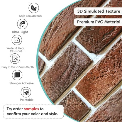 Commomy 3D Faux Brick Wall Panels Peel and Stick 12 pcs 22.8" x 11.8" Red - color: Large Brick-D