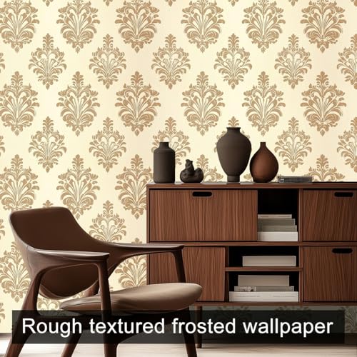 HOMETITUTE Beige Gold Damask Peel Stick Wallpaper 118.1x17.7 Inch Vinyl - color: Gold Damask on Beige Background
