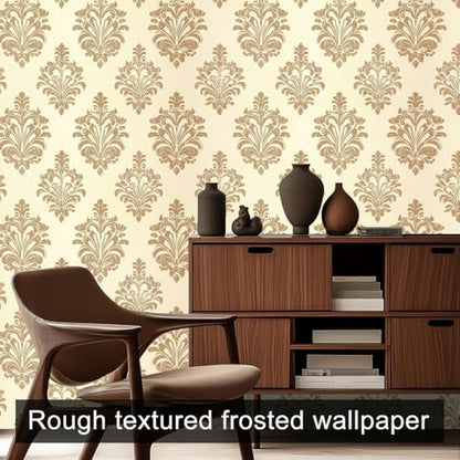 HOMETITUTE Beige Gold Damask Peel Stick Wallpaper 118.1x17.7 Inch Vinyl - color: Gold Damask on Beige Background