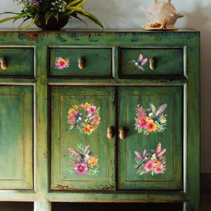 Peacoblue Hummingbirds and Flowers Rub On Transfers for Furniture 6"x12" - style: Colorful Hummingbirds and Flowers