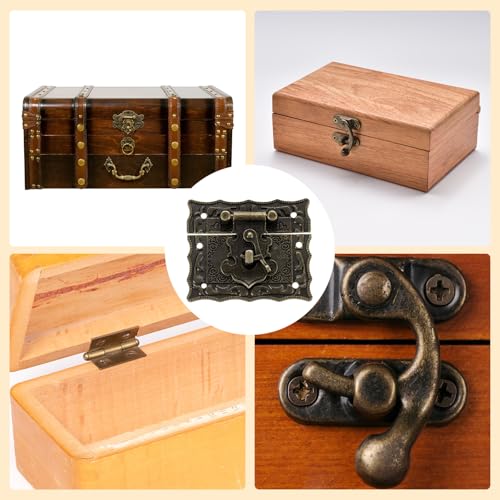 uxcell 2pcs Retro Bronze Alloy Latch Locks and 4pcs Engraved Hinges, 66 x 55mm Latch Buckle and Pattern Hinge with 24pcs Screws for Decorative Cabinet Small Wooden Box - size: 66 x 55mm
