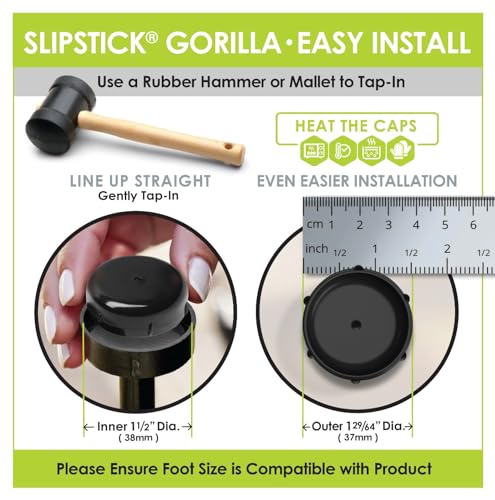 Slipstick Gorilla Outdoor 1-1/2 Inch Patio Chair Leg Caps for Wrought Iron Furniture (8 Pack) Floor Protecting Replacement Feet Glides for Metal Tables and Chairs, Nylon Sliders