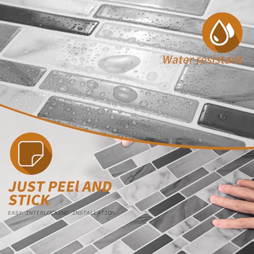 WOWSTAR 10-Sheet Peel and Stick Tiles, Marble Look Kitchen Backsplash Tiles, 12"x12" (Gray Marble) - color: Gray