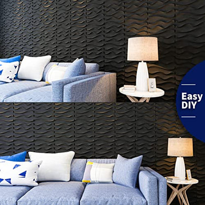 Art3dwallpanels 33 Pack 3D Wall Panels, Black PVC - color: Wave Black