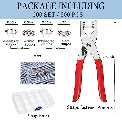 GTAAOY 9.5 mm Metal Snap Buttons with Snap Pliers, 200 Sets / 800 pcs - style: Silver Hollow Prong Snaps-200set