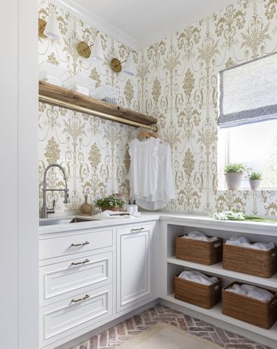 Damask Floral Peel and Stick Wallpaper Removable Gold Flowers Contact Paper - color: Gold, size: 17.3" x 197"
