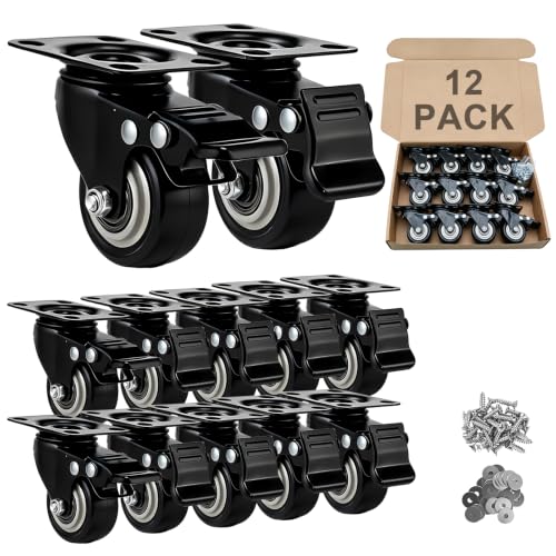 Htudcue 2 Inch Heavy Duty Caster Wheels Set of 12, Swivel Plate PU Casters with Lock, Noiseless Polyurethane Wheels for Small Workshop & Utility Carts, 800lbs Load Capacity