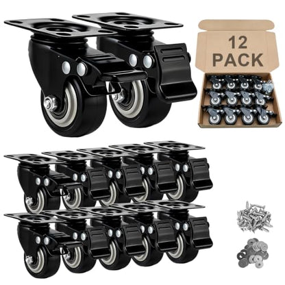 Htudcue 2 Inch Heavy Duty Caster Wheels Set of 12, Swivel Plate PU Casters with Lock, Noiseless Polyurethane Wheels for Small Workshop & Utility Carts, 800lbs Load Capacity