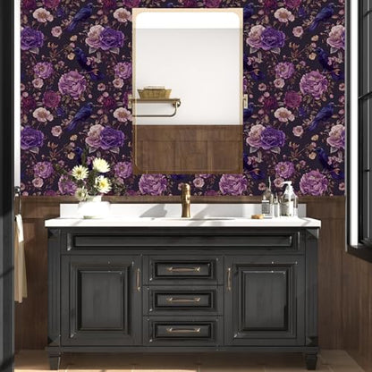 Laatse Gothic Dark Purple Crow Floral Wallpaper Peel and Stick 17.5"x393" - color: Dark Purple, size: 17.5" x 393"