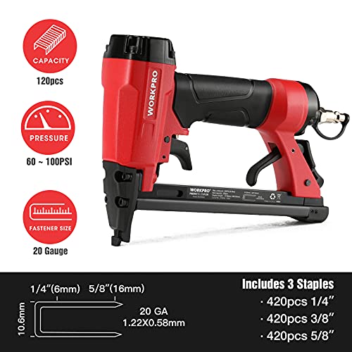 WORKPRO Pneumatic 20 Gauge Staple Gun, T50 Upholstery Stapler with 1260pcs Staples 1/4”to 5/8”, Rear Exhaust, for Carpentry, Woodworking and DIY Projects - size: 20 Gauge Standard