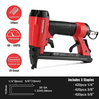 WORKPRO Pneumatic 20 Gauge Staple Gun, T50 Upholstery Stapler with 1260pcs Staples 1/4”to 5/8”, Rear Exhaust, for Carpentry, Woodworking and DIY Projects - size: 20 Gauge Standard