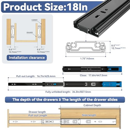 18 Inch Push to Open and Soft Close Drawer Slides,Full Extension,1 Pair - size: 18 Inch