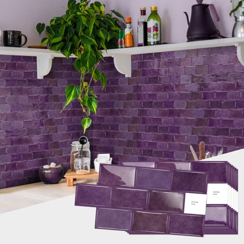 Alwayspon 6x12inchx10Pcs Self Adhesive Wall Tile Sticker, Peel and Stick Adhesive Waterproof Backsplash Stick on Tile Decals for Kitchen Bathroom Wall, Deep Purple - color: Deep Purple