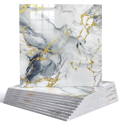 10pcs Marble Peel and Stick Backsplash Wall Tiles, Waterproof Shower Wall Panels, 11.8"x11.8" Peel and Stick Tile for Home Bathroom, Kitchen, Washroom, Living Room, Blue and Gold (Not Real Tile) - color: Blue and Gold
