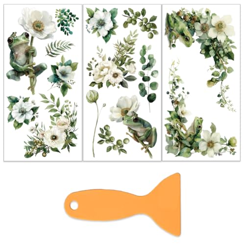 OLYCRAFT 3Pcs/Set White Flowers Rub on Transfers for Furniture and Craft 6x12 Inch Green Plant and Frog Furniture Decal Transfer Stickers Rub on Decal with 1Pc Scraper for Cabinet Wardrobe Decoration - style: White flower
