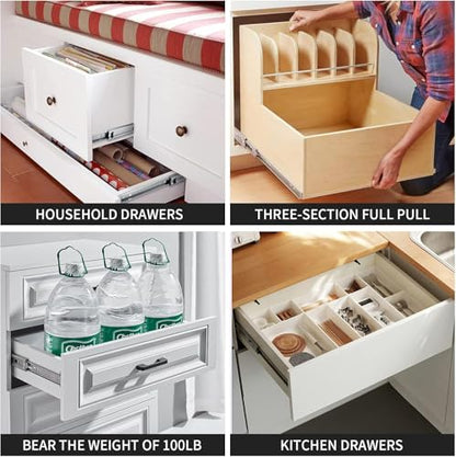 22 inch Soft Self Close Drawer Slides 6 Pairs (12pcs) Full Extension Ball Bearing 3 fold Full Stretch Side Mount Drawer Slides 100 LB Capacity Drawer Slide 22" Silver - size: 22 inch-550mm
