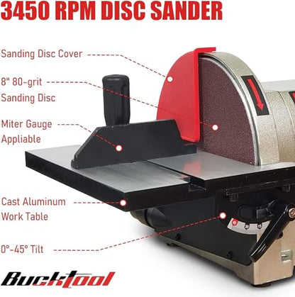 BUCKTOOL Rotating Base Belt Disc Sander with Y-Fitting,4x36" Belt,8" Disc - size: 3/4 HP & 4"x36" & 8" & Rotating Base