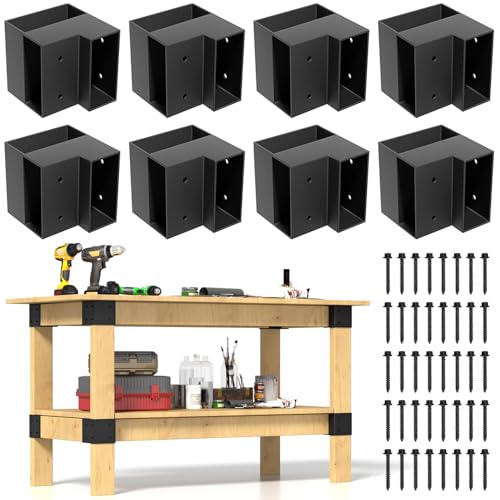 Set of 8 Heavy Duty Workbench Bracket Kit – 3-Way Right Angle Steel Corner Brackets with Screws for 2x4 (Actual 1.5"x3.5") Wood, Ideal for DIY Garage Workbench, Table Legs, Shelving, and Work Table. - color: Black - 8pcs, size: Actual 1.5"x3.5"