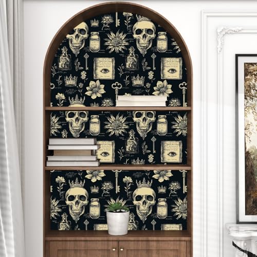 Laatse Gothic Black Beige Skull Floral Wallpaper Peel and Stick 17.5"x393" - color: Black&Grey, size: 17.5" x 393"