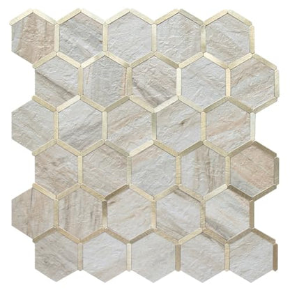 DICOFUN 1 Sheet Hexagon Peel and Stick Backsplash Tile, Beige Slate Mixed Gold Kitchen Backsplash Peel and Stick Wall Tiles - color: Beige Slate + Gold Metal Frame, size: 1 Sheet, 12''x12''x0.12''