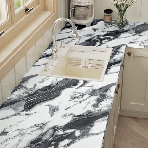 VaryPaper 24"x473" Black and White Marble Countertop Peel and Stick Wallpaper Marble Vinyl Wrap for Cabinets Table Furniture Waterproof Self Adhesive Removable Wall Paper for Bedroom Bathroom Kitchen - size: 24" x 473"