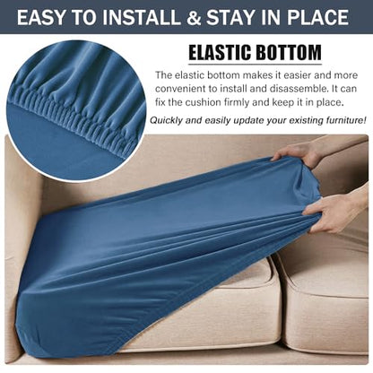 Stretch Cushion Cover, Soft Velvet Plush Cushion Slipcovers Loveseat Sofa Covers Couch Seat Covers Furniture Protector with Elastic Bottom (Large, Blue) - color: Blue, size: Large