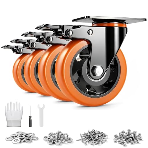 TAYLOON 4 Inch Caster Wheels, Heavy Duty Swivel Casters Set of 4 with Brake Load 2200lbs, Industrial Plate Casters, No Noise Locking Castor Wheels for Furniture, Workbench, Cart(Free Hardware Kit) - color: Orange3, size: 4 Inch