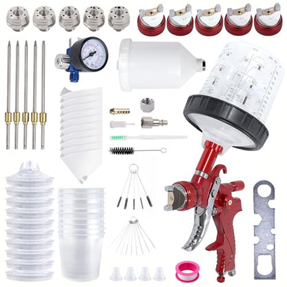 HVLP Spray Gun Kit with 10 Disposable 600ML Paint Cups & 5 Nozzles - color: red wine