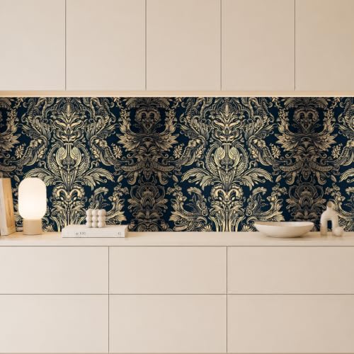 Peel and Stick Wallpaper, Dark Blue Gold Damask Pattern, 236in x 17.7in, Waterproof Vinyl, Removable Reusable, Eco-Friendly, for Bedroom Living Room Rental Apartment - color: Dark03, size: 17.7" x 236.2"