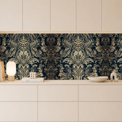 Peel and Stick Wallpaper, Dark Blue Gold Damask Pattern, 236in x 17.7in, Waterproof Vinyl, Removable Reusable, Eco-Friendly, for Bedroom Living Room Rental Apartment - color: Dark03, size: 17.7" x 236.2"