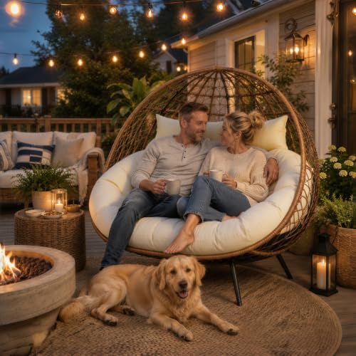 Outdoor Double Egg Chair Cushion Replacement Waterproof Thickened Cotton Hanging Basket Egg Chair Cushion 55x35 Inch Universal Fit for Patio Wicker Swing Chair (Biege) (Cushion ONLY) - color: Biege