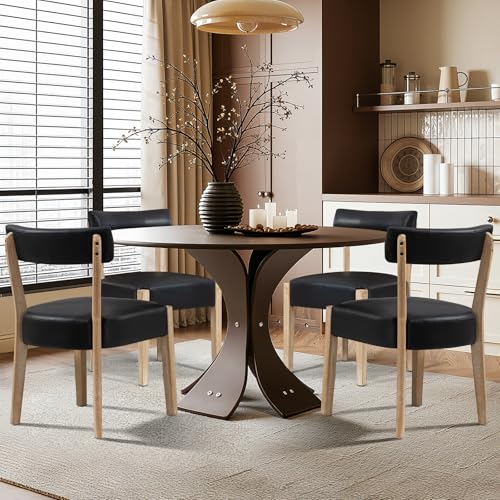 ZJhome Modern Black Dining Chairs Set of 4 – Mid-Century Modern Faux Leather Upholstered Kitchen & Dining Room Chairs with Curved Back, Oversized Rounded Seat, and Sturdy Wood Frame - color: Black Leather, size: Set of 4