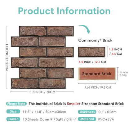 Commomy Faux Brick Wall Panels Peel and Stick Thin PVC 10 Pcs 11.8" x 11.8" - color: Brick-AWE
