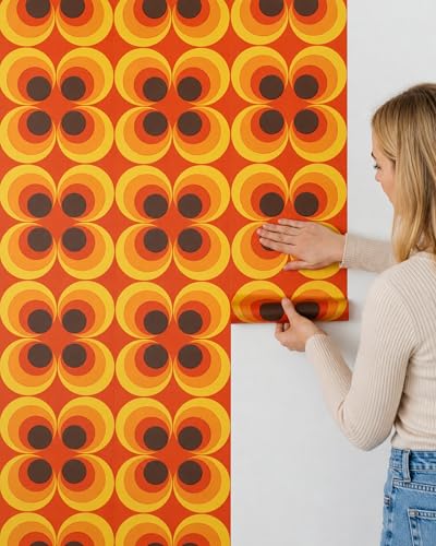 壁紙屋本舗 Retro 70s Groovy Peel and Stick Wallpaper Removable Orange 9in×19.7ft - color: Orange