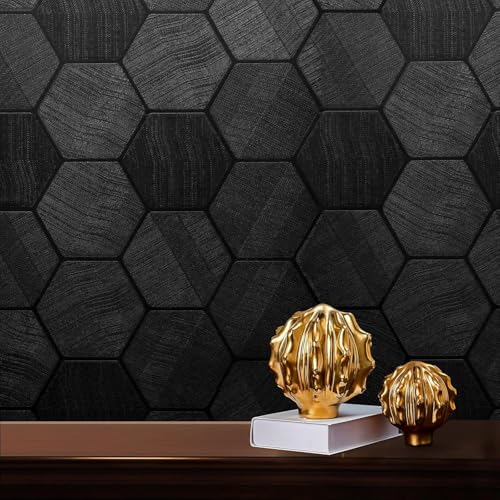 Black Peel and Stick Wallpaper Self Adhesive 3D Hexagon Geometric - color: Black Hexagon, size: 15.7" x 118.1"