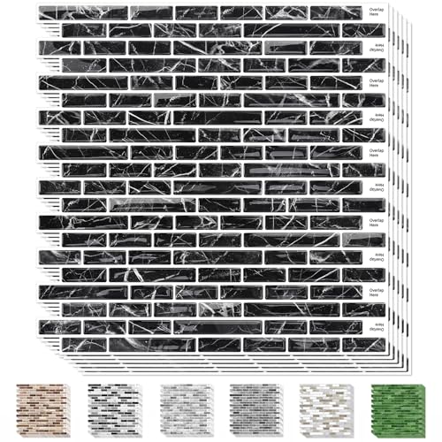 URCOLOR 10-Sheet Peel and Stick Backsplash Tile for Kitchen - 12”×12” Stick on Wall Tile for Bathroom, Black - color: Black