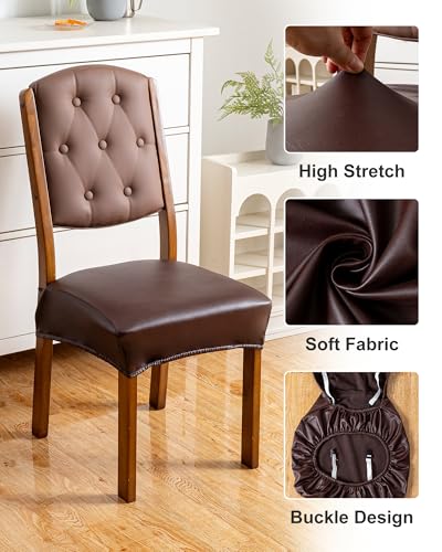 Genina Dining Chair Covers Set of 4, Waterproof PU Leather Dining Seat Covers Stretch Wipeable Dining Room Seat Cover Kitchen Chair Slipcover Protector (Rear-Covered Design, Chocolate) - color: Chocolate, size: Rear-Covered 4PCS
