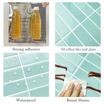 Alwayspon 10 Sheets 3D Peel and Stick PVC Backsplash Tiles, 10"x10" Self-Adhesive Wall Tile Stickers Stick on Subway Tiles for Kitchen Bathroom, Mint Green - color: T80559
