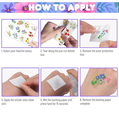 96 PCS Small Wildflower Pre-Cut Temporary Tattoos for Kids