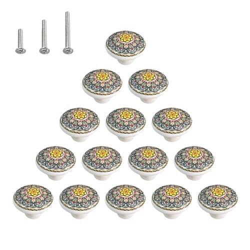 HUAMULAN Ceramic Knobs Boho Cabinet Pulls Drawer Door Handles 15 Pack - color: Dark Grey Floral
