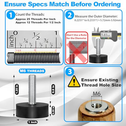 12PK Rubber M6 Leveling Feet, Adjustable Levelers with Inserts - size: Metric M6 thread