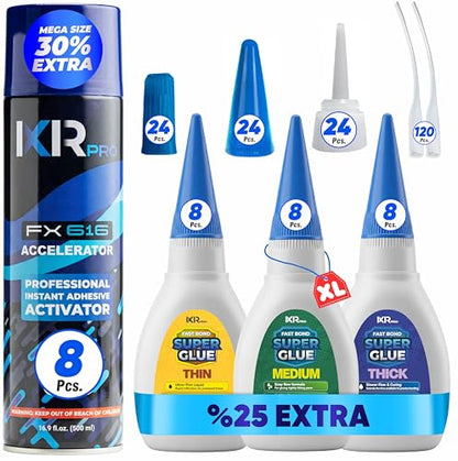 CA Glue with Activator 24x Thin Medium Thick Glue Kit 8X 16.9oz Accelerator - size: 8 Pack