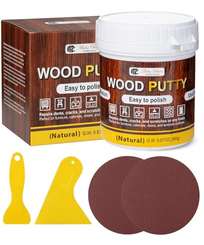 Bates- Wood Filler Putty Repair Kit, 9.87 Ounce, 2 Scrapers, 2 Sandpapers, Natural Wood Putty Filler Paintable & Stainable for Cracks, Holes and Defects in Wooden Furniture - color: Natural